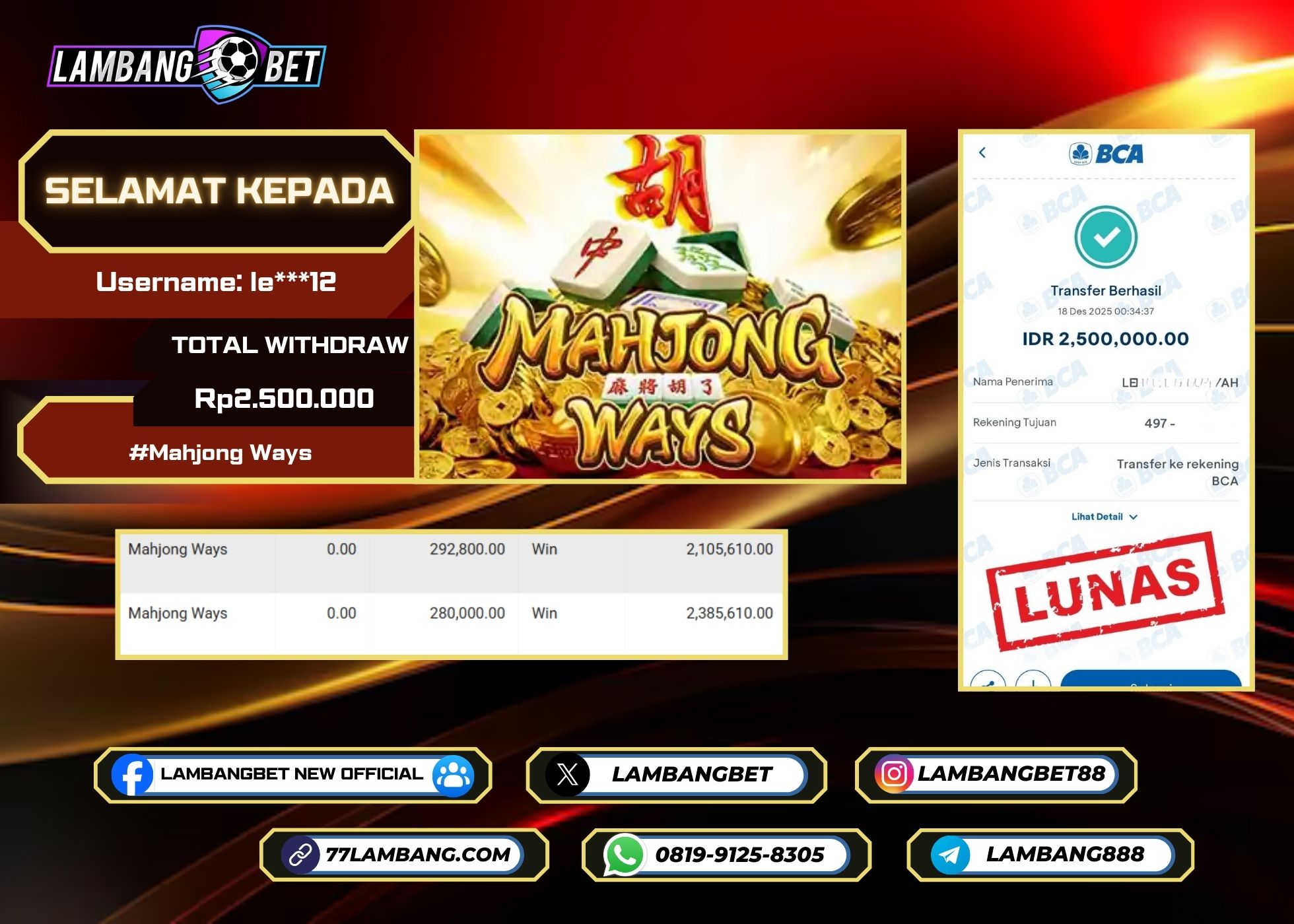 LAMBANGBET [18 DESEMBER 2025] JACKPOT SLOT Mahjong Ways "Rp2.500.000" LUNAS